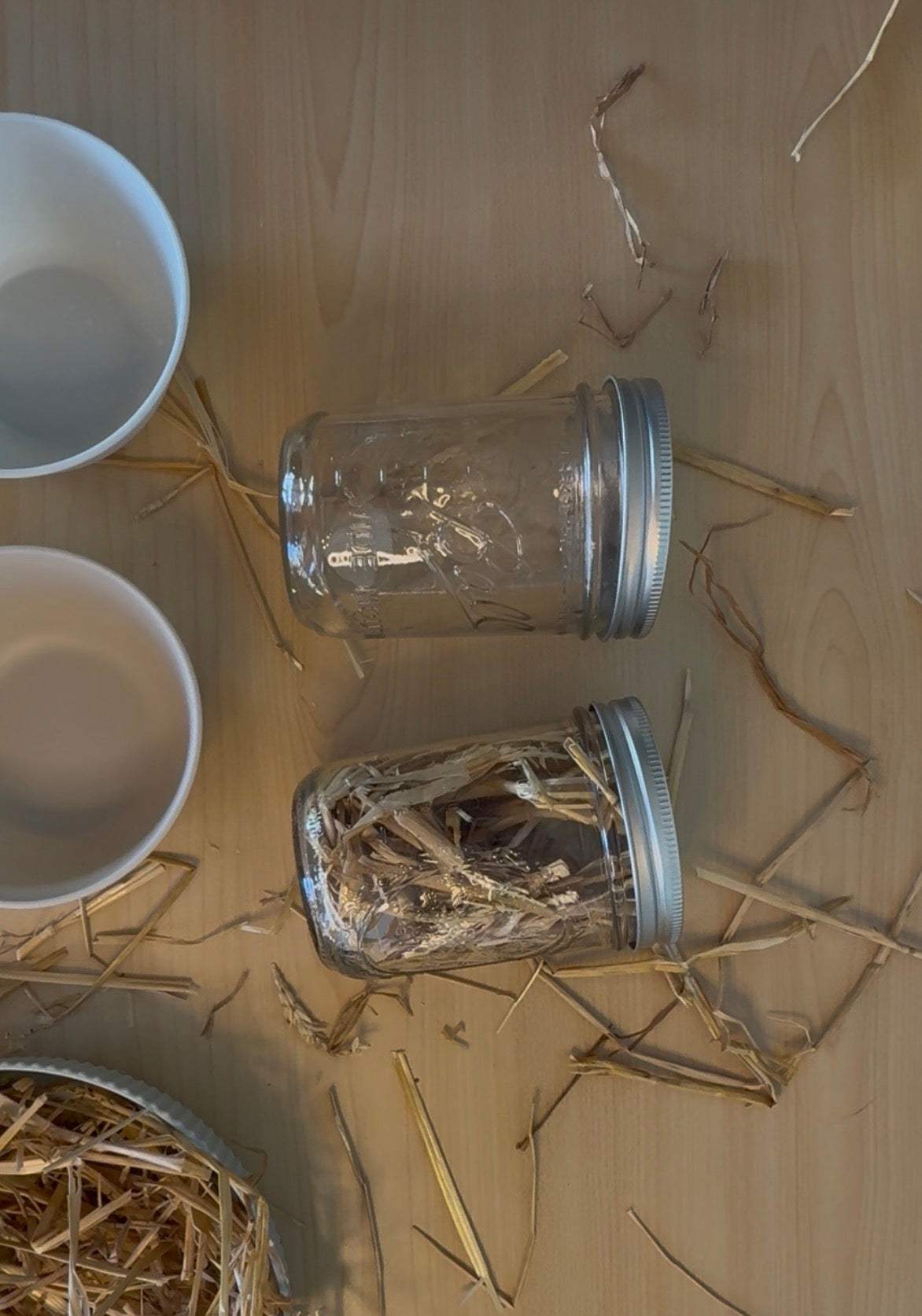 Two glass jars with metal lids on a wooden surface with twigs and a white bowl.