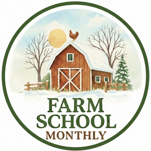 Circular logo for 'Farm School Monthly' with a barn, trees, and a chicken on a snowy day.