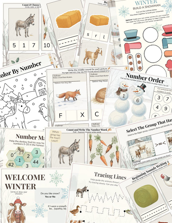 Winter Farm Activity Pack | 20+ No-Prep Pages for PreK-1st | Math, Phonics & Art